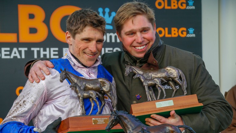 Dan Skelton celebrates with brother Harry (left) after Cheltenham Festival success with Roksana in the OLBG Mares' Hurdle