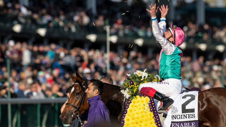 Frankie Dettori celebrates a historic victory on Enable at last year's Breeders' Cup