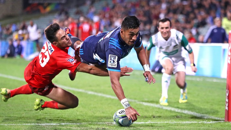 Blues winger Rieko Ioane touches down against the Sunwolves
