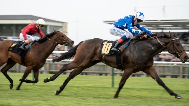 Qabala (David Egan) beats Mot Juste to give trainer Roger Varian a 1-2 in the Nell Gwyn StakesNewmarket 16.4.19 Pic: Edward Whitaker