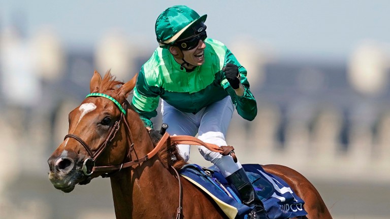 CHANTILLY, FRANCE - JUNE 02: Cristian Demuro riding Sottsass (green) win The Qipco Prix Du Jockey Club during The Qipco Prix du Jockey Club meeting at Hippodrome de Chantilly on June 02, 2019 in Chantilly, France. (Photo by Alan Crowhurst/Getty Images)