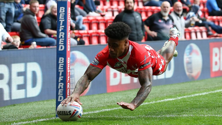 Kevin Naiqama scores a try for St Helens against Castleford Tigers