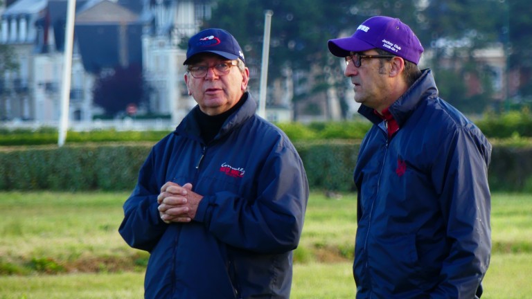 Jean-Claude Rouget in conversation with Bruno Barberau during first lot in Deauville on Tuesday morning