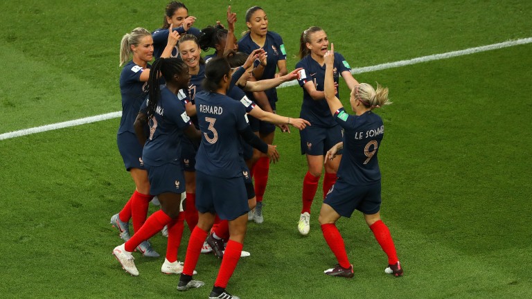 France celebrate Eugenie Le Sommer's first goal of the tournament against South Korea