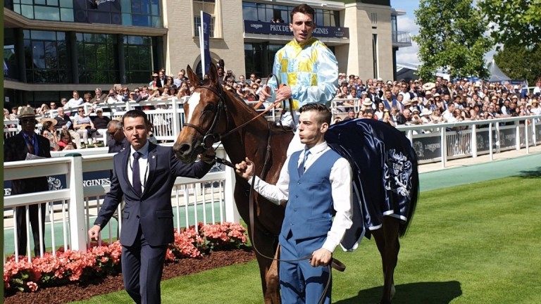 No need to bring a hat... Pierre-Charles Boudot threw his helmet in the crowd after winning the Prix de Diane on Channel