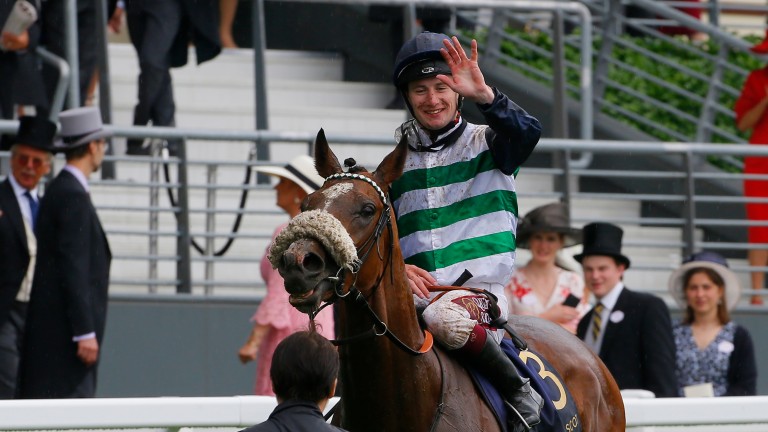 Oisin Murphy waves to the crowd after winning his first Royal Ascot race this year