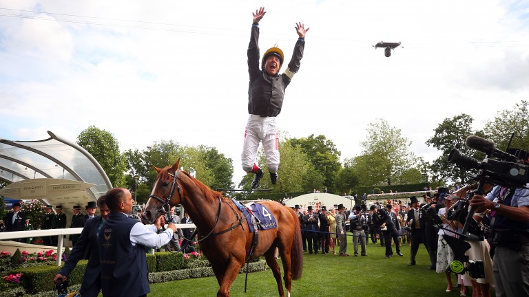 Frankie Dettori celebrates after second Gold Cup win on Stradivarius