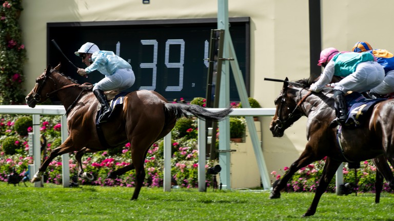 Pierre-Charles Boudot celebrates as Watch Me wins the Coronation Stakes