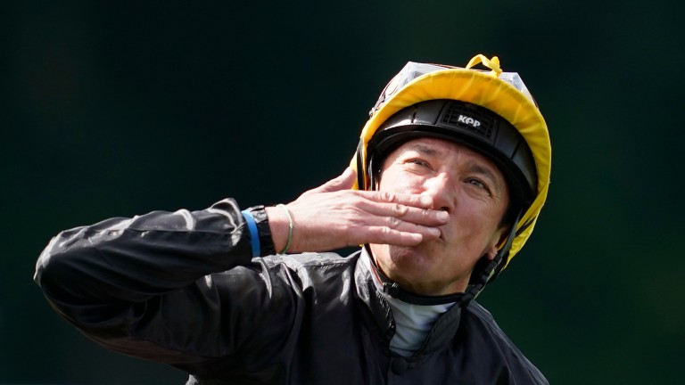 Frankie Dettori celebrates last year's Gold Cup victory aboard Stradivarius