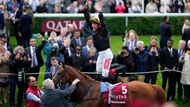 CHICHESTER, ENGLAND - JULY 30: Frankie Dettori celebrates after riding Stradivarius to win The Qatar Goodwood Cup Stakes at Goodwood Racecourse on July 30, 2019 in Chichester, England. (Photo by Alan Crowhurst/Getty Images)