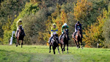 Loughrea PTP 13-10-19 EDWULF & Aine O'COnnor (right) race down the back straight with FOXTAIL HILL & Conor Costello on their way to winning the OPen Lightweight Race.(Photo Healy Racing)