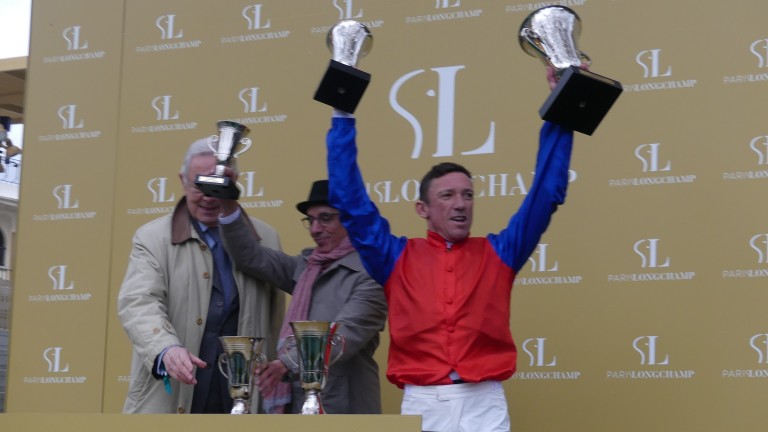 Frankie Dettori celebrates after Alson defeats Armory in a match for the Group 1 Criterium International at Longchamp