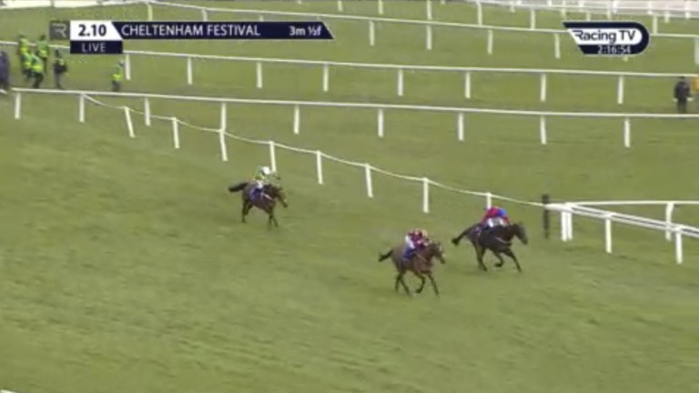 Champ began to close in on the front two on the run-in, with Minella Indo hanging