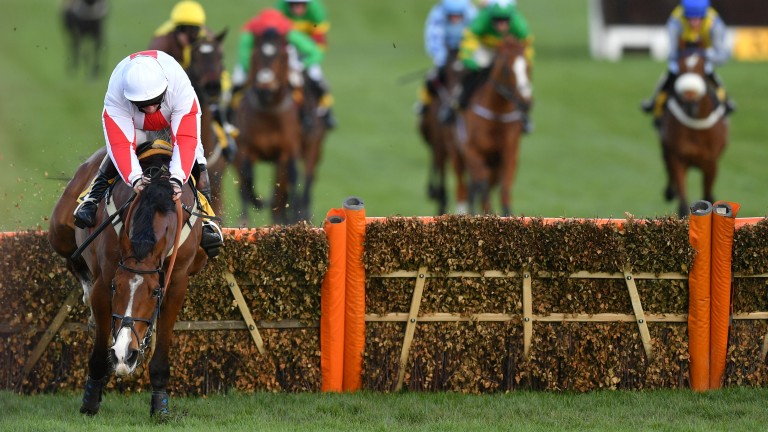 Jamie Moore and Goshen clear the last with the Triumph Hurdle seemingly in the bag