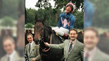 Frankie Dettori Italian super jockey  celebrates on Fujiyama Crest after making  history by winning  seven times in seven races at Ascot he started his 25095. 5-1   rides on the following horses Wall Street, Diffident,Mark of Esteem, Decorated Hero,Fatefu