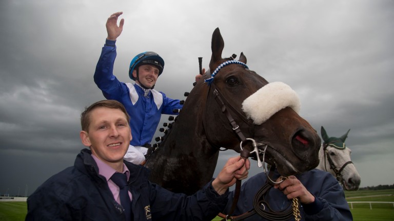Chris Hayes celebrates after winning the 2016 Irish 2,000 Guineas aboard Awtaad