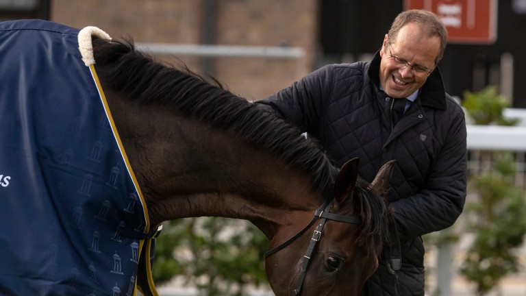 That's my boy! Ger Lyons with his stable star Siskin after his impressive success in the Tattersalls Irish 2,000 Guineas at the Curragh