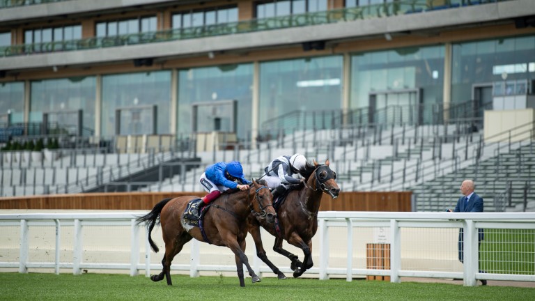 Circus Maximus and Ryan Moore (right) beats Terebellum in the Queen Anne Stakes at Royal Ascot