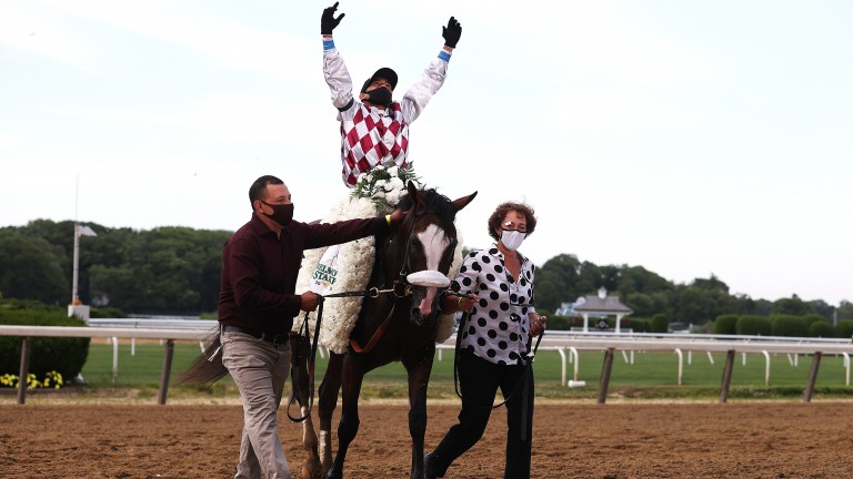 Jockey Manuel Franco celebrates Tiz The Law's Belmont win