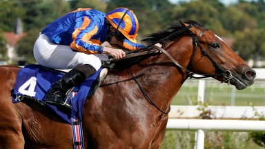 DUBLIN, IRELAND - SEPTEMBER 14: Ryan Moore riding Mogul win The KPMG Champions Juvenile Stakes at Leopardstown Racecourse on Irish Champion Stakes Day on September 14, 2019 in Dublin, Ireland. (Photo by Alan Crowhurst/Getty Images)