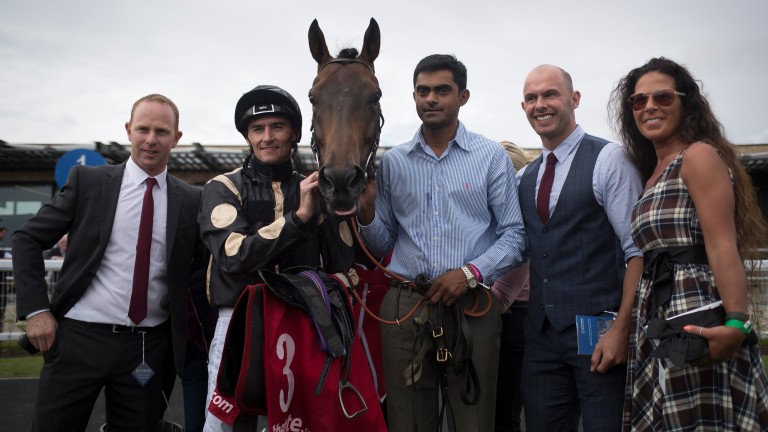 Intisaab with Stuart Graham (second right) after success in the Tote Scurry Handicap at the Curragh in 2018