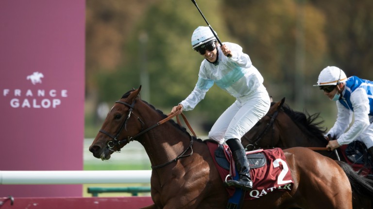 Jessica Marcialis celebrates winning Sunday's Prix Marcel Boussac on Tiger Tanaka