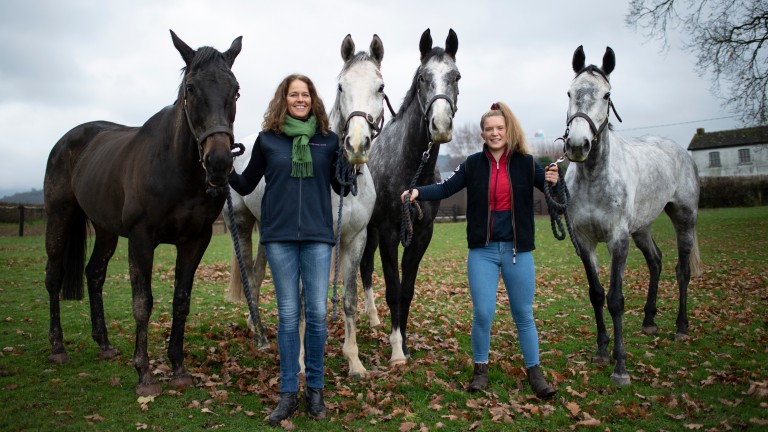 The team of two, trainer Sheila Lewis and amateur jockey Katie Powell with from left: Stupid Cupid, Volcano, Straw Fan Jack and Cotton End at Oaktree Stables near Brecon