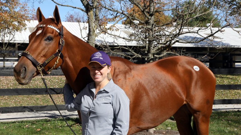 Monomoy Girl and Liz Crow, the agent who signed for her as a yearling, on the Fasig-Tipton sales ground