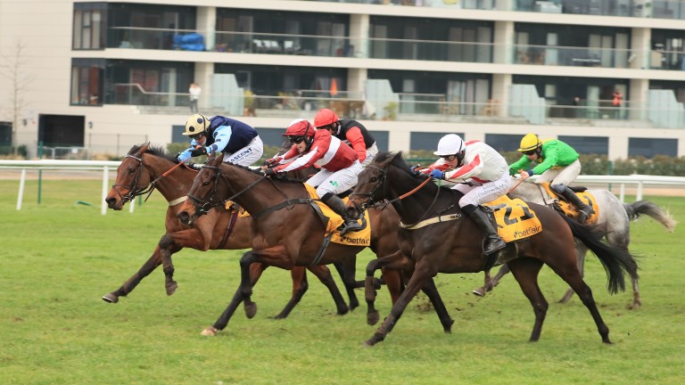 Fifty Ball (no21 nearest camera) battles Soaring Glory and Edwardstone in the Betfair Hurdle at Newbury last month