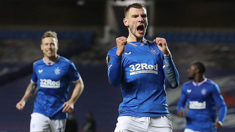 Borna Barisic celebrates his goal in Rangers' 5-2 home win over Royal Antwerp