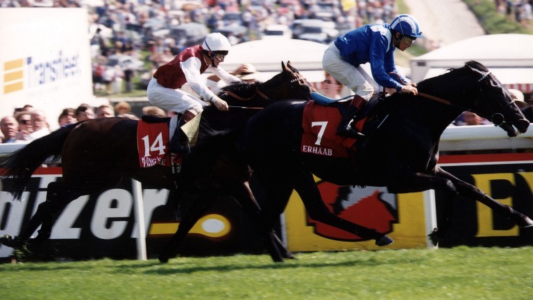 Erhaab and Willie Carson win the 1994 Derby from King's Theatre to give Hamdan Al Maktoum a second success in the Epsom Classic