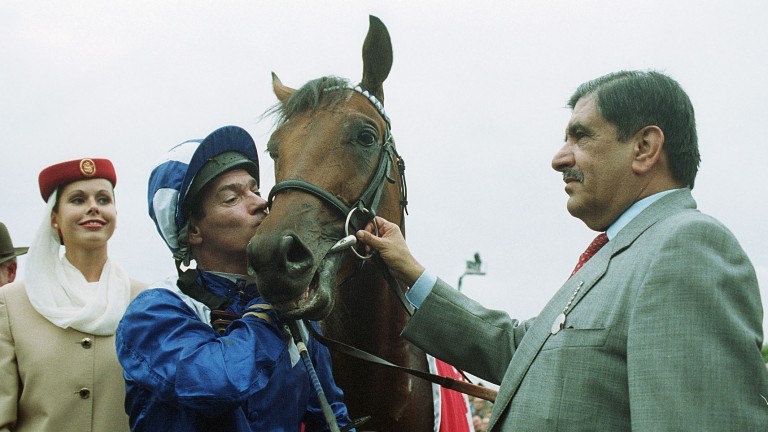 Sheikh Hamdan with Nayef after the colt's victory in the Champion Stakes at Newmarket in 2001