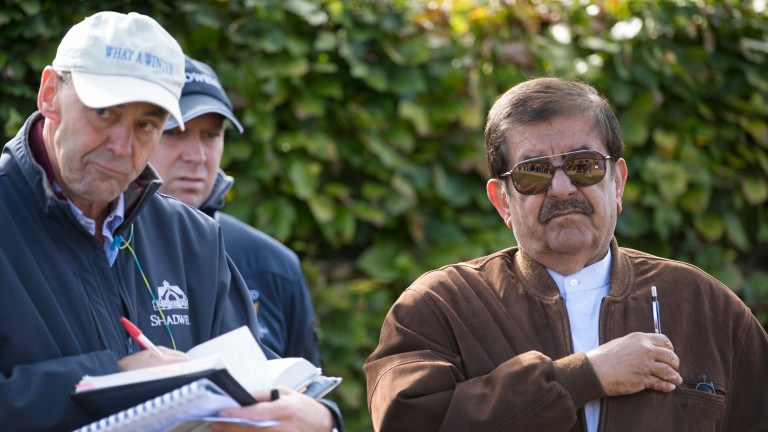 Sheikh Hamdan and racing manager Angus Gold at Tattersalls in Newmarket in October 2017