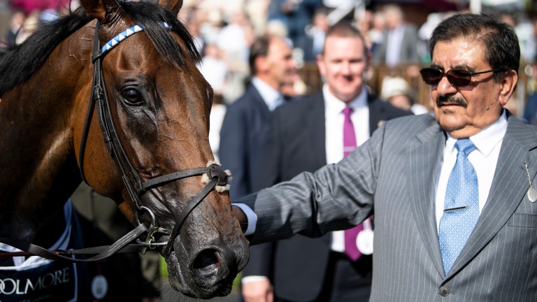 Sheikh Hamdan with Battaash in the York winner's enclosure after the Nunthorpe in August 2019