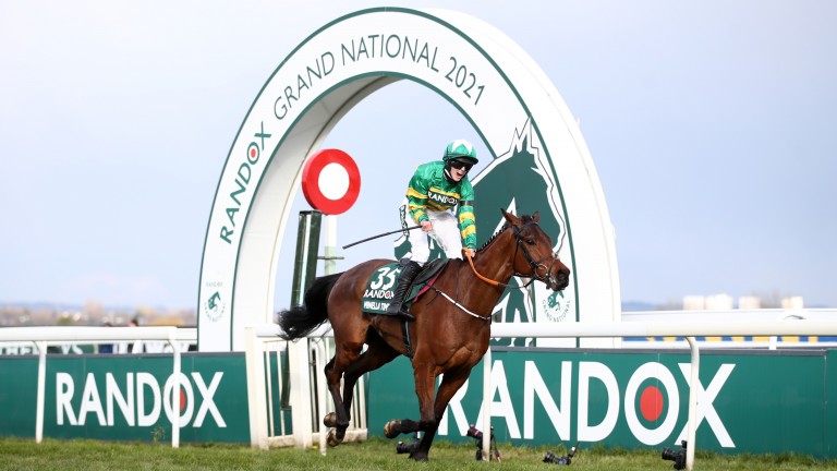 Rachael Blackmore roars with delight after winning the 2021 Randox Grand National on Minella Times at Aintree