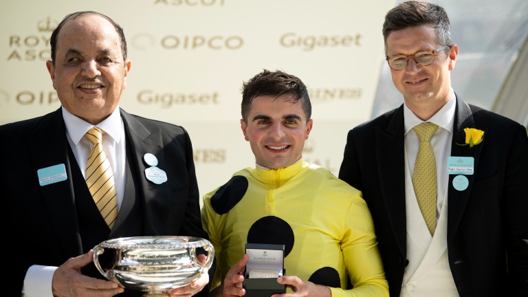 Sheikh Mohammed Obaid al Maktoum, Andrea Atzeni and Roger Varian after Cape Byron's victory at the Wokingham Stakes 2019 in Ascot