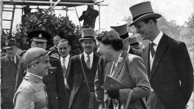 Jockey Gordon Richards meets the Queen and Prince Phillip at the Epsom Derby, 1953. Image taken from the book 'My Story' by Sir Gorden Richards (published by Hodder and Stoughton in 1955)