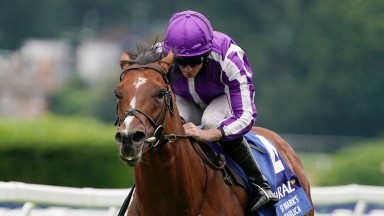 ESHER, ENGLAND - JULY 03: Ryan Moore riding St Mark's Basilica win The Coral-Eclipse at Sandown Racecourse on July 03, 2021 in Esher, England. Due to the Coronavirus pandemic, only owners along with a limited number of the paying public will be allowed to