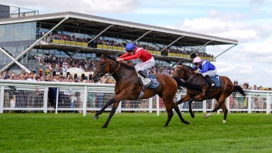 NEWBURY, ENGLAND - AUGUST 14: Tom Marquand riding Sacred (red) win The BetVictor Hungerford Stakes at Newbury Racecourse on August 14, 2021 in Newbury, England. (Photo by Alan Crowhurst/Getty Images)