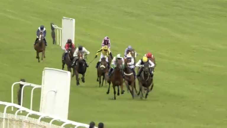 Carys' Commodity (left) and Jonjo O'Neill Jnr cruise into the lead in the Worcester bumper