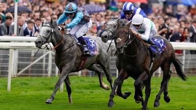 YORK, ENGLAND - AUGUST 21: David Probert riding Valley Forge (white) win The Sky Bet Melrose Handicap at York Racecourse on August 21, 2021 in York, England. (Photo by Alan Crowhurst/Getty Images)