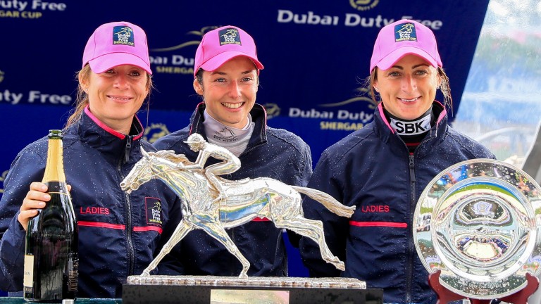 Hayley Turner (left), Mickaelle Michel and Nicola Currie won the Shergar Cup in 2021