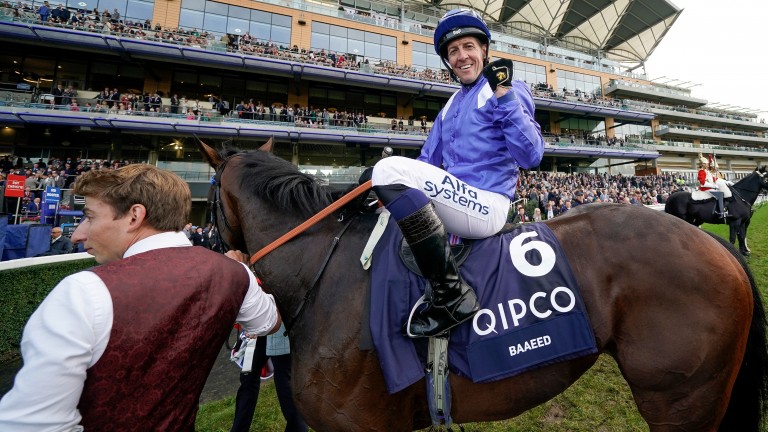 Jim Crowley celebrates after winning the Queen Elizabeth II Stakes on Baaeed
