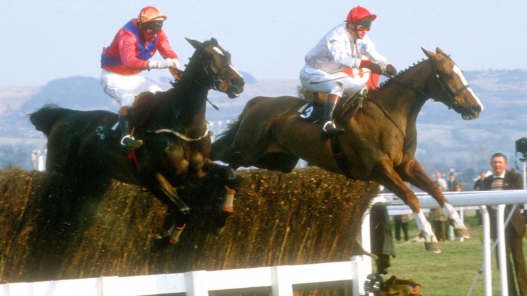 Boreen Prince (left) jumps the last upsides Buck House en route to winning the 1985 Arkle