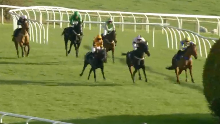 Hasankey (left), Fete Champetre (centre) and Crack Du Ninian (right) are battling away as they head to the final fence