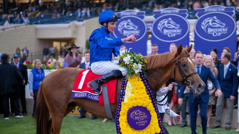 Modern Games (William Buick) after his win in the Breeders' Cup Juvenile Turf at Del Mar