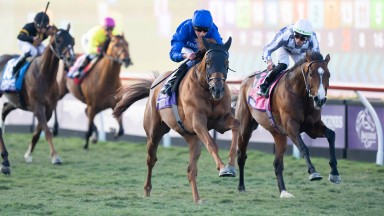 Yibir (William Buick) wins the Turf from Broome (R)Del Mar 6.11.21 Pic: Edward Whitaker