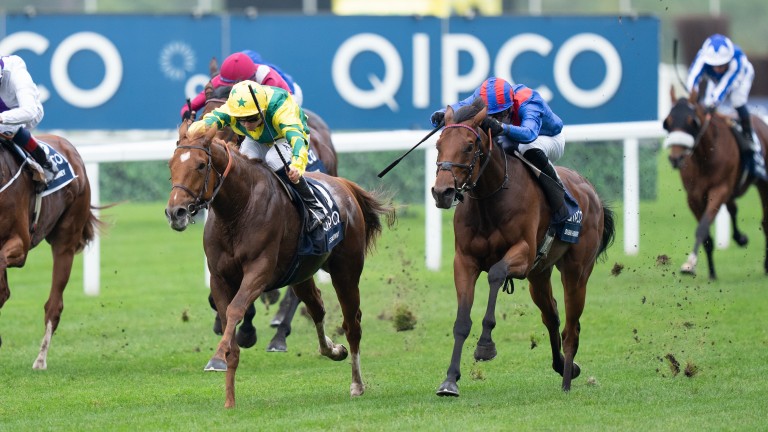 Dubai Honour (right) chases home Sealiway (left) in the Champion Stakes