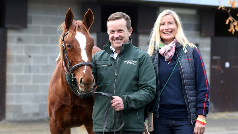 The sales-topping Frankel filly with Newtown Stud's James Corrway and her breeder, Heike Bischoff, after fetching €550,000 from Juddmonte Farms