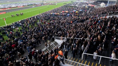 Runners in the opening 2m novices hurdle pass the packed grandstand on the first circuitKempton 26.12.21 Pic: Edward Whitaker